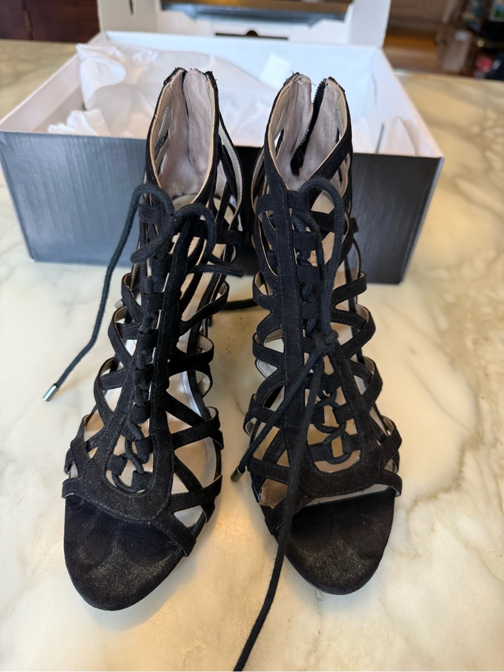 Nine West Black Lace-Up Cage Stiletto Sandals